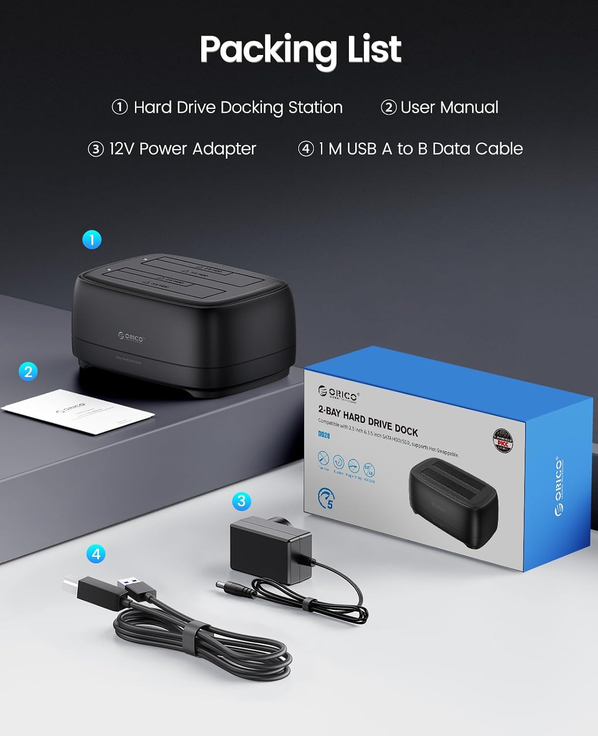 ORICO Estación de acoplamiento de disco duro de doble bahía USB 3.0 a SATA III para disco duro de 3.5 pulgadas máx. hasta 40 TB Soporte 
